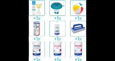 Alles-in-1 Zwembad Onderhoudspakket - bevat Chloor - PH-min - PH-plus - Filter - Anti Alg - Scrubborstel - Testrips - Chloordrijver en Strandbal (9-delig)