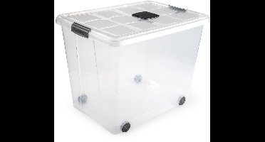 Plasticforte Opslagbox - 1x stuks - met deksel - 86L - 62 x 45 x 47 cm - transparant - opbergbak - met wielen