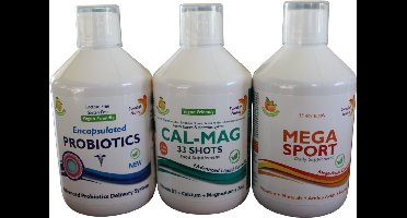 Triple pack Probiotica+CalciumMagnesium+Mega Sport multivitamine is een unieke mix van vitaminen en mineralen. Al deze ingrediënten en nutriënten zorgen voor een verbetering van energie en uithoudingsvermogen. Deze blend valt onder de Multivitaminen