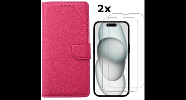 Hoesje Geschikt voor iPhone 15 Plus hoesje bookcase met 2x screenprotector – Roze