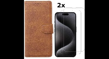 Hoesje Geschikt voor iPhone 15 Pro Max hoesje bookcase met 2x screenprotector – Bruin