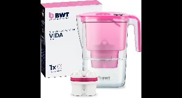 BWT Waterfilterkan VIDA + 1 Magnesium Waterfilter Pink | Verwijdert kalk, chloor, lood & koper | 120 L per cartridge | Handmatige vervangingsindicator | BPA‑vrij | Past in koelkastdeur | Geschikt voor thee, koffie & koken