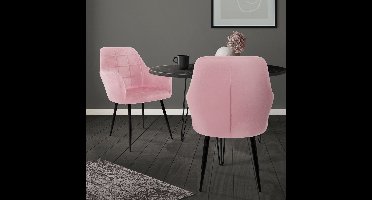 Eetkamerstoel set van 2 met rugleuning en armleuningen Roze keukenstoel met microvezel fluwelen hoes