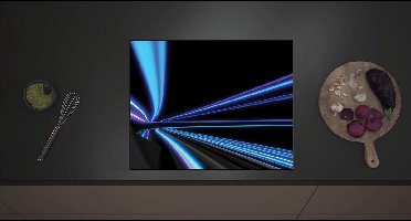 Inductie Beschermer - Blauwe en Paarse Neon Strepen in Zwarte Omgeving - 60x52 cm - 2 mm Dik - Inductieplaat Beschermer met zwarte kern