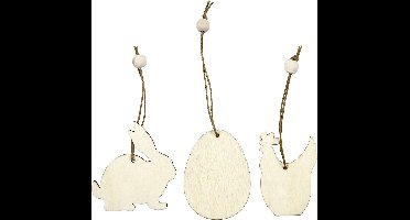 Houten decoraties, konijn, ei, kip, afm 6 cm, dikte 3 mm, 9 stuk/ 1 doos