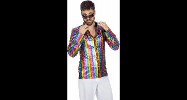 Wilbers & Wilbers - Jaren 80 & 90 Kostuum - Festival Overhemd Stralend Glinsterende Regenboog Man - Multicolor - Maat 56 - Carnavalskleding - Verkleedkleding