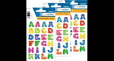 6x Stickervelletjes met 144x stuks gekleurde alfabet plak letters met gezichtjes 28 mm - 6 vellen