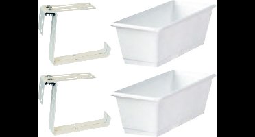 Set van 2 kunststof plantenbakken wit rechthoekig 60 cm met 4 verstelbare railing beugels