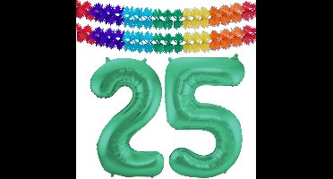 Folat Verjaardag Leeftijd folieballon - 25 jaar - groen - 86 cm - cijferballon groot - incl 2x feestslingers