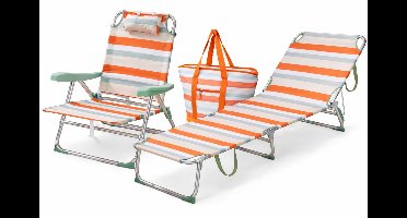 HEM Strandset 3-Delig – Opvouwbare Strandstoel + Strandligbed + 24L Koeltas – Aluminium & Lichtgewicht – Verstelbaar – Oranje Gestreept