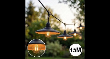 Complete Prikkabel / lichtsnoer met 15x lampenkappen | 15 Meter | Zwarte lampenkap | Koppelbaar | E27 | Incl. 1W lampen