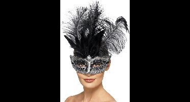 SMIFFY'S - Grijs en zwart Venetiaans masker met veren voor volwassenen