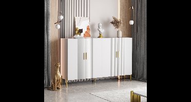 Wit Opbergmeubel – Opbergkast – Dressoir – Ladenkast – Buffetkast – Modern Design – Verstelbare Planken – Gouden Accenten – 160x35x100 cm