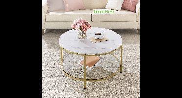 Salontafel - Rond Salontafel - banktafel - woonkamertafel met glasplaat - veel opbergruimte - Woonkamertafel met glazen blad - moderne stijl - Marmer Wit-Metallic Goud