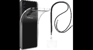 Set met hoesje en nekband voor Samsung Galaxy a50 - Flexibele, transparante TPU-bescherming, verstelbare universele nekband voor mobiele telefoons, zwarte nekband, transparante draagriem van Phonillico®