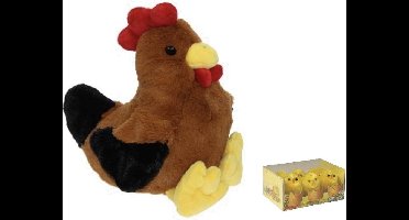 Decoris Pluche bruine kippen knuffel - 25 cm - met 6x stuks mini kuikentjes 3.5 cm - Paas/pasen decoratie