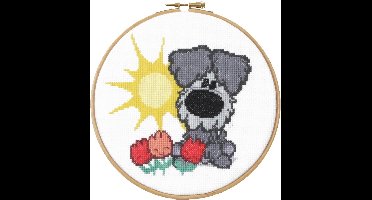 Pako Borduurpakket - telpatroon -Woezel & Pip kids Woezel in het zonnetje - 271.049 - voorgesorteerd garen - Aida -17 cm Rond - DIY kit