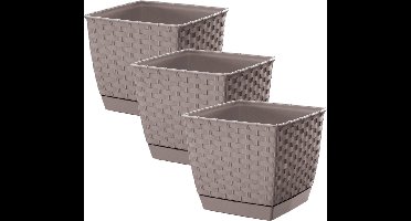 Prosperplast Plantenpot/bloempot - 3x - rotan kunststof - 16.5 x 16.5 cm - beige