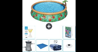 Bestway Rond Opblaasbaar Fast Set Zwembad - Paradijsprint - 457 x 84 cm - Inclusief Pomp Grondzeil - Solarzeil - Verlichting - 7-delig