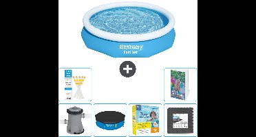 Bestway Rond Opblaasbaar Fast Set Zwembad - 305 x 66 cm - Blauw - Inclusief Pomp Afdekzeil - Onderhoudspakket - Vloertegels - 7-delig