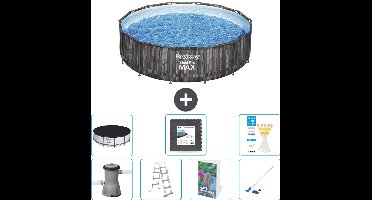 Bestway Rond Steel Pro MAX Zwembad - Houtprint - 427 x 107 cm - Inclusief Pomp - Ladder - Afdekzeil - Vloertegels - Stofzuiger - 8-delig