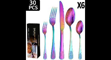 Multicolor bestekset 30-delig, roestvrijstalen bestekset voor 6 personen, bestekset met mes, vork en lepel, bestekset voor thuis, restaurant en feest