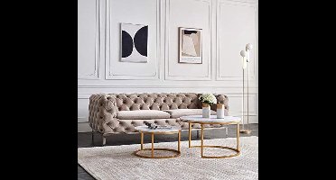 Ronde Salontafel – Bijzettafel – Nesting Tafel – Koffietafel – Woonkamer Tafel – Set van 2 – MDF en Massief Houten Blad – Goud Metaal Frame – Compact en Modulair Design