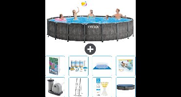 Intex Rond Prism Frame Greywood Zwembad - 549 x 122 cm - Inclusief Pomp - Ladder - Grondzeil - Afdekzeil - Onderhoudspakket - Loungebed - 9-delig