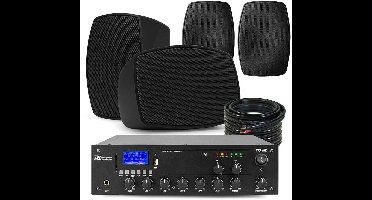 Power Dynamics set van 4 buiten speakers en 2-zone 100V versterker met Bluetooth - Zwart