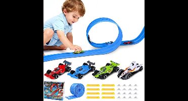 3.9M Flexibele Speelgoedvoertuig Baanspeelgoed - voor kinderen met 16 zuignappen en 8 gele pakkingen, compatibel met 4 gegoten legering speelgoed 1:64, 13-voet rollen, draagbare flexibele baanspeelgoed