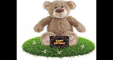 Verjaardag knuffel beer beige - 22 cm - incl. gratis verjaardagskaart