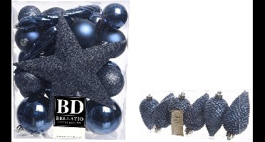 Kerstversiering kunststof kerstballen en hangers donkerblauw 5-6-8 cm pakket van 39x stuks - Met ster vorm piek van 19 cm
