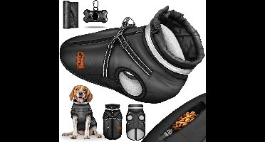 TRESKO - Hondenjas Zwart / Maat S - voor winter met reflectoren - waterdichte regenjas voor honden - hondenjas incl. tuigje