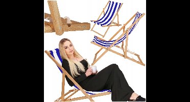 Houten loungestoel met blauw-witte streep, opvouwbaar en geïmpregneerd