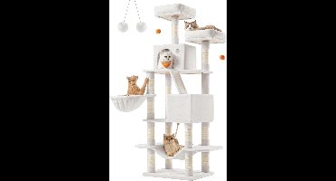 Feandrea Cat Tree Large 168cm High L Scratching Post with 13 Scratching Posts, 2 Platforms, 2 Caves, Basket, Hammock, Plush Balls, Multilayer Scratching Post, Cream White PCT165T01
