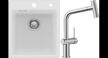 Auralum max Spoelbak voor keuken 40x45CM - Graniet Spoelbakken Met Keukenkraan met Uittrekbare Uitloop - Enkele spoelbak Wit - Met waterafvoersysteem - Voor 40 cm kast