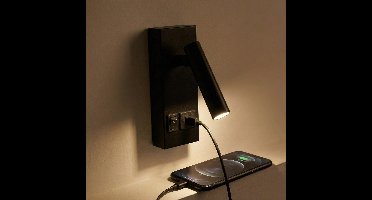 LED Wandlamp - Bedlamp met USB+C poort en schakelaar | Zwart | 2W | 140 lumen | Niet dimbaar | 3000K - Warm wit (830)