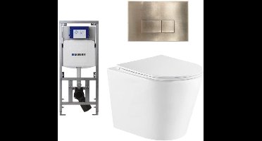 QeramiQ Dely Toiletset - 36.3x51.7cm - diepspoel - rimless - Geberit UP320 inbouwreservoir - met Burda frame - softclose toiletzitting - geborsteld messing bedieningsplaat - rechtehoekige knoppen - wit glans