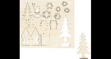 DIY Houten figuren, huis, bomen, hert, L: 15,5 cm, B: 17 cm, dikte 3 mm, 1 doos