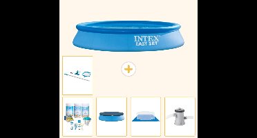 Intex Rond Opblaasbaar Easy Set Zwembad - 305 x 61 cm - Blauw - Inclusief Onderhoudspakket - Afdekzeil - Grondzeil - Zwembadfilterpomp - Schoonmaakset - 6-delig
