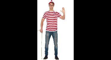 Smiffy's Waar is Wally kostuum - voor heren - rood/wit - t-shirt/bril/muts - verkleden - carnaval 52/54