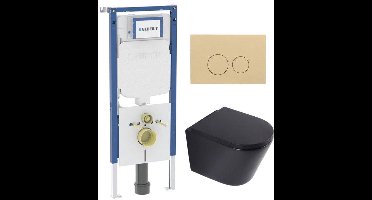 QeramiQ Dely Toiletset - 36.3x51.7cm - diepspoel - rimless - Geberit UP720 inbouwreservoir - softclose toilet zitting 35 mm - bedieningsplaat beige - ronde knoppen - mat zwart