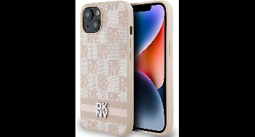 DKNY - Leren - hoesje met geruit monopatroon en gedrukte strepen voor iPhone - 15 - Plus / 14 - Plus - Roze