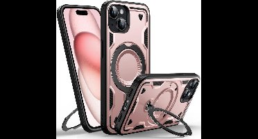 Magsafe Hoesje Geschikt voor iPhone 15 Hoesje Rose Goud - Armor Hoesje met Met Draaibare Ring Houder