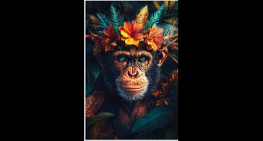 Poster 20x30 cm - Chimpansee - Aap - Jungle - Bloemen - Dier - Posters - Kamer decoratie - Wanddecoratie woonkamer - Muurdecoratie slaapkamer