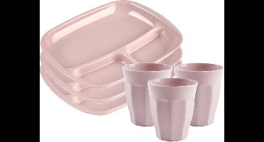 Plasticforte camping servies van kunststof - 6x vakjesborden en 6x drinkbekers - roze - onbreekbaar