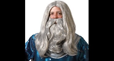 Atosa Verkleedpruik met baard - heren - grijs - Middeleeuwen/tovenaar/oude man - Carnaval - lang haar