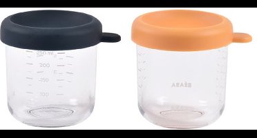 Béaba Set van 2 Glazen Bewaarpotjes - 2x250 ml - Kan in Vaatwasser, Vriezer & Magnetron - Hermetisch & Stapelbaar - Blauw/Oranje