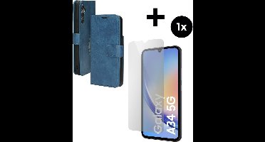 Mobiparts Classic Wallet hoesje geschikt voor Samsung Galaxy A34 (2023) 5G met 1 Screenprotector van Gehard Glas - Blauw