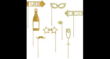 PartyDeco foto prop set Champagne - Bruiloft - goud - set 8x stuks - 20-40 cm